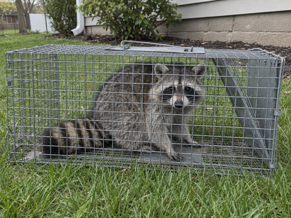 Raccoon inside a wire cage live trap
